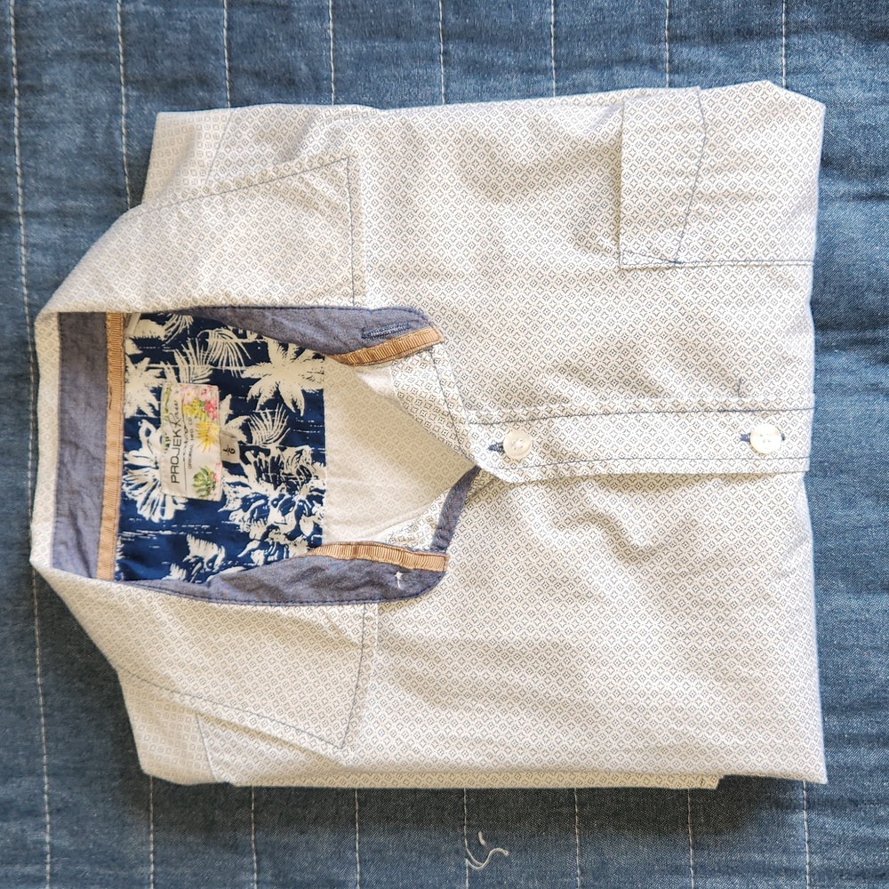 Projek Raw blue and white button down shirt, size large